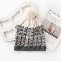 Winter warm knitted sheep wool beanie with pom-pom in grey and cream color variant - Color Block Pom Pom Style (FHY25-7155-2)