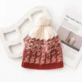 Cozy knitted wool beanie with pom-pom in reddish-brown and white. - Color Block Pom Pom Style (FHY25-7155-4)