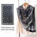 Elegant 100% mulberry silk long scarf with vintage navy blue paisley pattern print. - 176*110cm / Dark Blue Vintage Pattern (FHZ25-90181-1)