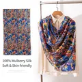 Elegant 100% mulberry silk scarf with a vibrant blue abstract floral pattern design - 176*110cm / Blue Orange Large Flower (FHZ25-90182-1)
