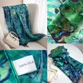 Elegant premium 100% mulberry silk long scarf featuring blue and green iris flower prints - 176*110cm / Blue Green Iris