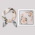 Elegant floral print mulberry silk square scarf for neck styling in beige and green - 53x53cm / Beige Peony