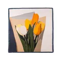 Luxurious mulberry silk square scarf with elegant yellow and white tulip floral print - 53x53cm / Blue Edge Tulip