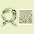 Light green mulberry silk small square scarf with elegant white daisy floral pattern - 53x53cm / Green Daisy