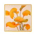 Artistic mulberry silk scarf featuring a vibrant orange floral print and elegant border. - 53x53cm / Orange Leaves