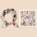 Mulberry silk small square scarf with Happy Thanksgiving rabbit and floral print - 53x53cm / Light Khaki Cartoon
