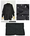 Detailed view of elegant black faux cashmere cape shawl decorated with delicate pearls - Black with Artificial Pearls