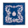 Elegant dark blue silk square scarf featuring intricate pink floral oil painting patterns - Blooming Garden Navy (FHZ25-9817-1)
