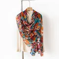 Elegant vibrant floral print mulberry silk scarf lightweight breathable shawl for women - 176*110cm / Ink Floral