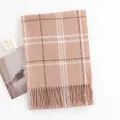 Pink checkered imitation cashmere winter scarf with elegant fringe details for warmth - Sweet Plaid (FH23-5203-1)