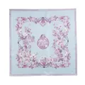 Elegant light blue silk square scarf featuring delicate purple oil painting floral prints - Blooming Garden Sky Blue (FHZ25-9817-2)