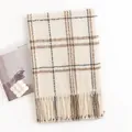 Soft cream and brown plaid cashmere-like winter scarf with elegant fringe detail - Sweet Plaid (FH23-5203-5)