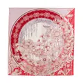 Premium red silk square scarf with elegant floral and oriental garden landscape print - Misty Blue Flower Red (FHZ25-9826-1)