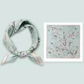 Elegant mulberry silk square scarf with white magnolia floral print in light green color - 53x53cm / Light Blue Floral Branch