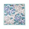 Elegant square mulberry silk scarf with blue floral print on clear white background - 53x53cm / Flourishing Blue Flowers