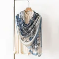 Elegant mulberry silk scarf with blue floral and butterfly print, lightweight shawl for women - 176*110cm / Blue Butterfly