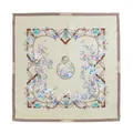 Elegant mulberry silk square scarf with delicate floral oil painting design in mint green. - Blooming Garden Light Green (FHZ25-9817-3)