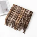 Warmer und dicker braun karierter Pashmina-ähnlicher Winter-Schal mit eleganten langen Fransen - 62*200cm / Kaffee Beige Karo