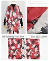 Detailed view of red floral print shawl with fabric texture and size dimensions - Split Shawl / 152*114cm / Ink Painting Print Red