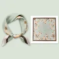 Elegant mulberry silk square scarf with magnolia floral pattern and brown border - 53x53cm / Light Green Magnolia