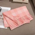 Sweet pink and white plaid 100% wool scarf with elegant fringe details for women - FHY24-7057-1 Pink Striped Plaid