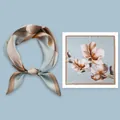 Elegant 53cm silk square scarf with magnolia flower print in blue and brown tones - 53x53cm / Blue Background Magnolia