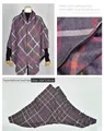 Detail view of purple plaid imitation cashmere shawl with zipper closure and dimensions - -19 colorful small square purple grid
