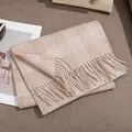 Premium soft 100% wool beige checkered scarf with elegant fringe details for winter - FHY24-7057-3 Light Camel Striped Plaid