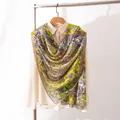Elegant mulberry silk scarf with vintage paisley floral print in green and purple - 176*110cm / Yellow Floral