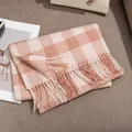Warm 100% wool plaid scarf in cream and pink, soft winter accessory. - Red and Beige Striped Plaid