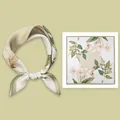 Elegant floral mulberry silk square scarf with sage green botanical lily pattern detail - 53x53cm / Tea Color Lily