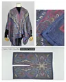 Detailed views of navy blue paisley print shawl cape with size dimensions - -16 cashew flower navy blue