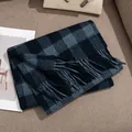 100% wool plaid scarf in navy blue and grey with fringe tassels for winter warmth - Navy Striped Plaid
