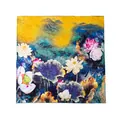 Premium mulberry silk scarf featuring an artistic lotus and mountain landscape print. - Square Scarf (FHZ24-9395) / 105*105cm / Colorful Lotus Pond
