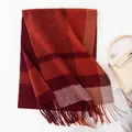 Bufanda cálida de lana a cuadros rojos con borlas para mujer, accesorio de moda invierno - Cuadros Rojo Castaño