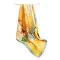 Elegant 70cm yellow faux silk square scarf with artistic impressionist floral print - 70*70cm / Golden Forest