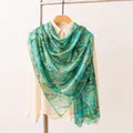 Turquoise silk scarf with elegant almond blossom print, breathable lightweight shawl for women - 176*110cm / Blue Green Plum Blossom