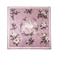 Elegant mauve mulberry silk scarf featuring a white swan and delicate floral illustrations - Square Scarf (FHZ24-9392) / 105*105cm / Swan Floral