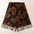 Elegant dark floral Xiangyun silk shawl featuring handmade tassels and frog buttons. - 200X50CM / Camellia Print Dark Coffee (FHZ25-90275-1)
