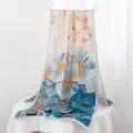 Elegant long mulberry silk scarf with traditional Chinese folding fan and floral print design. - Chinese Style Fan / Blue