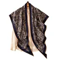 Elegant silk wool blend triangle shawl featuring a navy blue vintage paisley pattern. - Triangle Scarf (FHZ25-90226-1) / Navy Blue Red Paisley