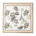 Mulberry silk square scarf featuring vintage Eiffel Tower and floral print in beige - Artistic Tower Floral
