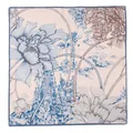 Elegant square mulberry silk scarf with blue floral and castle print on peach base - 65*65 / Four Seasons Flower Blue