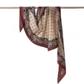 Vintage silk wool blend scarf with burgundy border and beige patterned center - Lace Floral (FHZ25-90263-1) / 134x41cm / Beige
