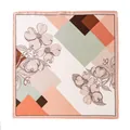 Premium mulberry silk square scarf featuring elegant geometric blocks and floral line art - Orange Pink Block Floral