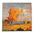 Elegant square mulberry silk scarf with vibrant orange autumn landscape oil painting print - 65*65 / Deep Autumn Golden