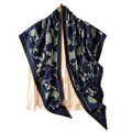 Elegant navy blue silk wool floral scarf draped over a beige blouse for classic style - Triangle Scarf (FHZ25-90229-1) / Blue and Black Flower