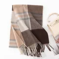 Elegant premium brown and tan 100% wool plaid scarf featuring stylish fringed edges - Brown Plaid