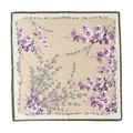 Elegant mulberry silk square scarf with purple floral print on beige background - Khaki Purple Floral