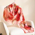 Elegant red floral mulberry silk scarf featuring a vibrant abstract artistic pattern - 55x170cm / Red Peony (FHZ25-9576-1)